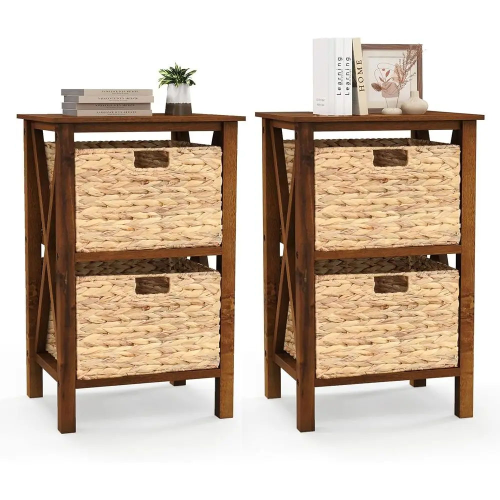 

2-Tier Nightstand Set with Wicker Baskets, Wooden X-Design Side Table, Acacia Wood Legs, Walnut Accent Storage Cabinet for Small