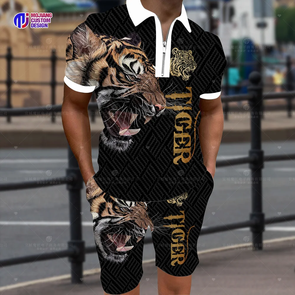 Cool The Tiger 3d Printed Polo Shirt/Shorts/Suit Summer Casual Lapel Short-Sleeved Animal Sportswear Two-Piece Sportswear