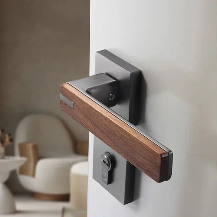 French Door Lock with Walnut Wood Interior Bedroom Home Handle New Chinese Style Gun Grey Kitchen Bathroom Silent