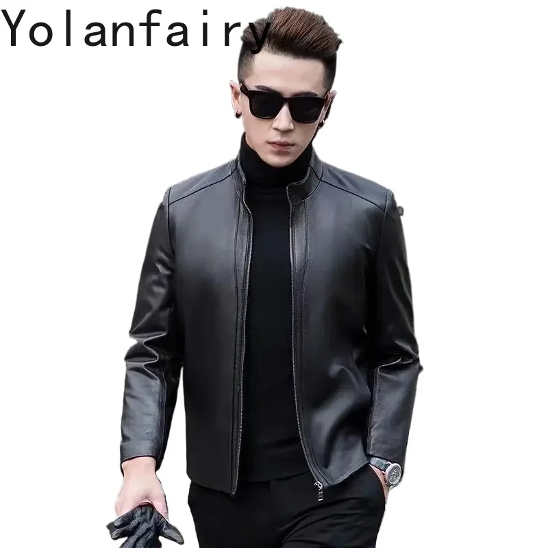 

YOLANFAIRY Genuine Leather Jacket Men Autumn Winter Real Sheepskin Coat Man Clothing Fashion Black Leather Coats Stand Collar
