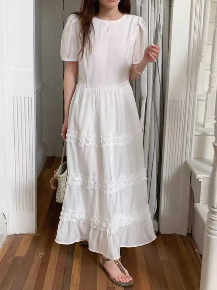 

Clothland Women Sweet White Ruffle Dress Short Sleeve Back Sashes Fairy Style Summer One Piece Midi Dresses QE082