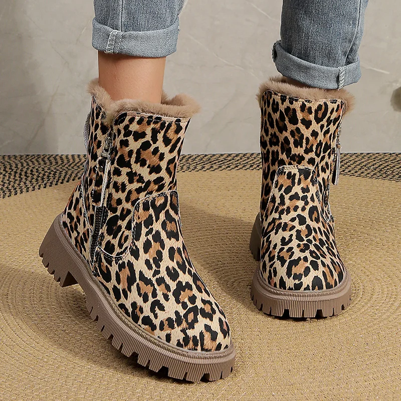 Moda Leopard Pattern Damskie buty za kostkę Boczny zamek błyskawiczny Grube pluszowe buty śniegowe Kobieta antypoślizgowa Ciepłe buty zimowe z