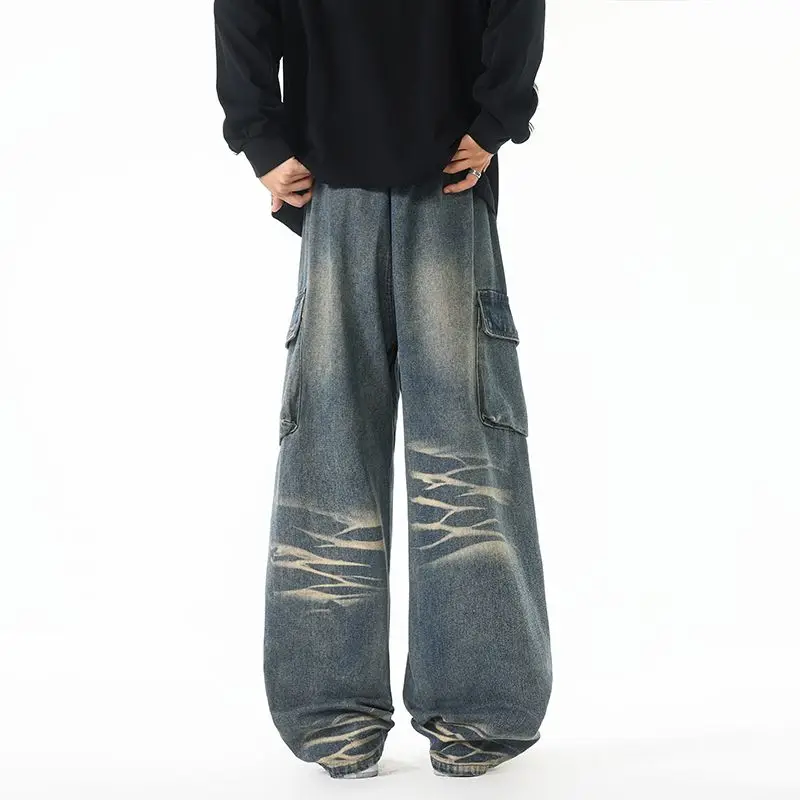 Men's Spring And Autumn Loose Jeans Fashionable Straight Leg Pants Washed And Polished White Work Pants Plus Size Casual Pants