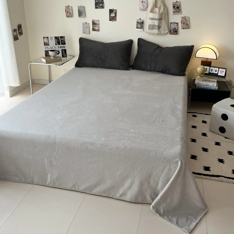 1pc Flannel Flat Sheet Milk Fleece Bed Sheet Soft Warm Skin-friendly Solid Grey Bedspread Autumn Winter Home Linens250*230cm