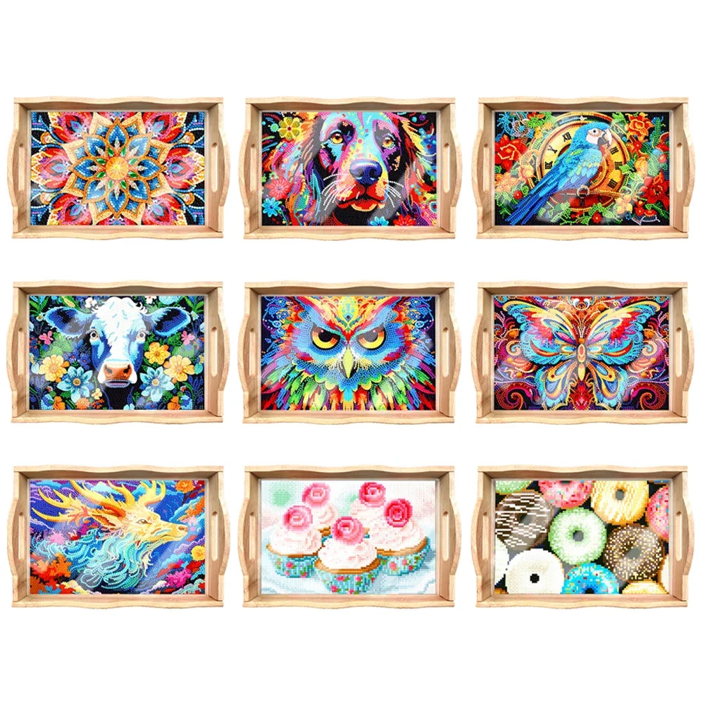

Diamond Painting Wooden Serving Tray with Handle Rectangular Wooden Tray Nesting Food Trays Coffee Table Tray for Serving Food