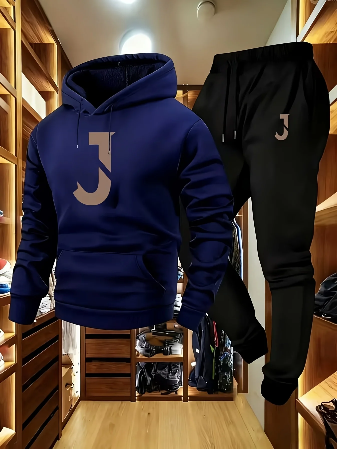 2026 Men Fall‑Winter Tracksuit, Soft Polyester Hoodie and Black Jogger Pants,  J pattern , Loose 2‑Piece Casual Outdoor Outfit view 2