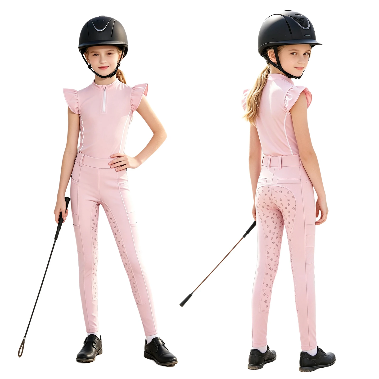 Kids Girls Zip-up Stand Collar Equestrian Top Anti-slip Full Seat Breeches Leggings Horse Riding Training Performance Clothes