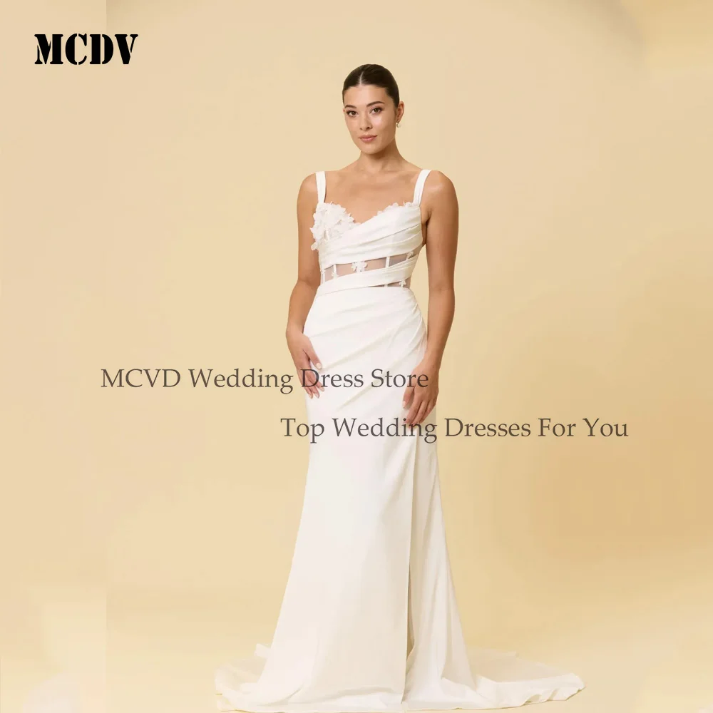 

MCDV Ivory Mermaid Wedding Dresses Detachable Train Flowers Satin Bridal Dress Elegant Wedding Evening Prom Gowns Customized