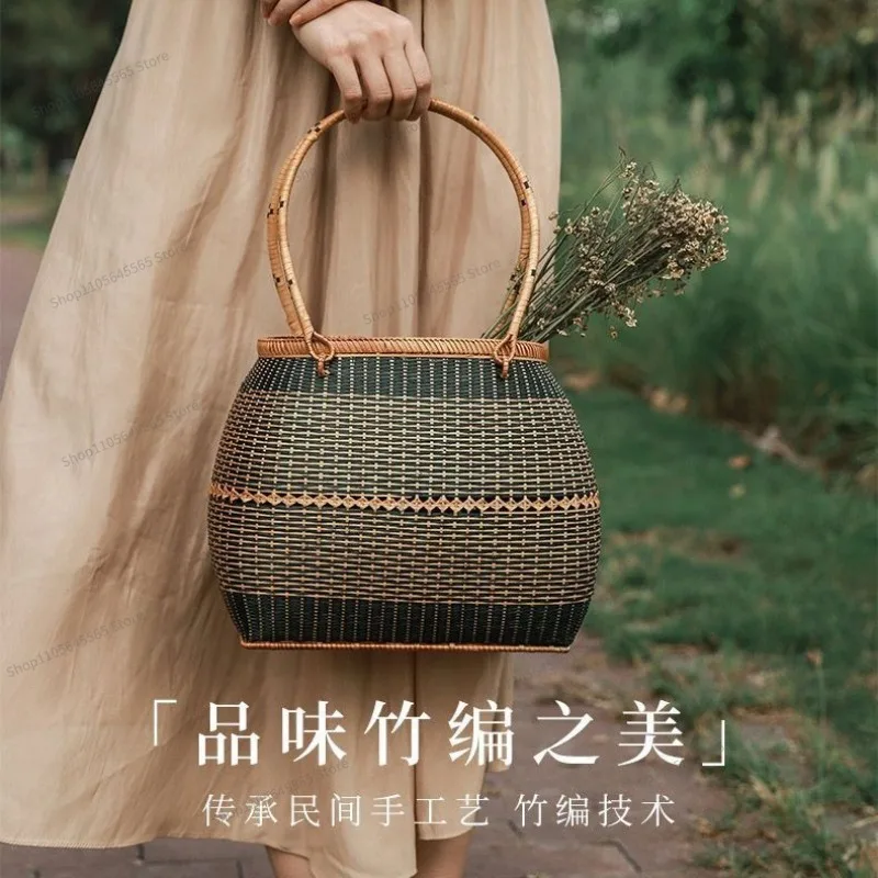 For bamboo weaving small outing bamboo basket sewing wrist bag hand basket going out retro storage