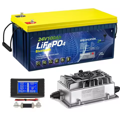 24V 100AH Bluetooth Lifepo4 Battery with 29.2V15A Smart Battery Charger,，2560W Deep cycle Lithium Battery，Peak, Customized