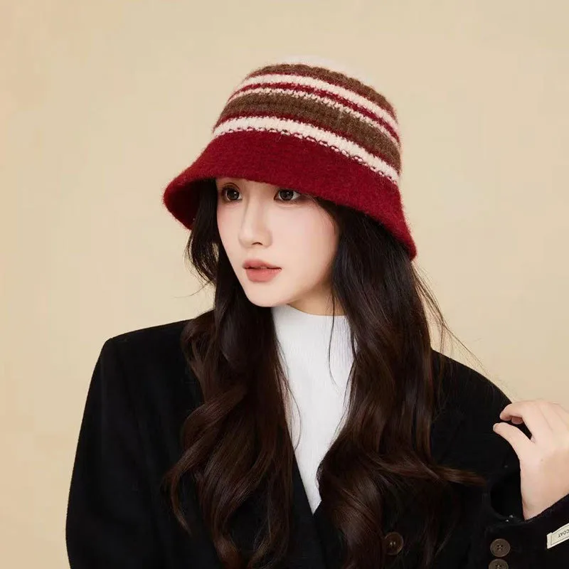 

Colorful Striped Wool Knit Bucket Hat for Women Comfortable Foldable Cap Winter Keep Warm Outdoor Windproof Versatile New Cap