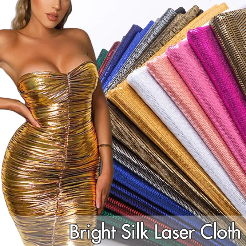 

100cm Bright Silk Breathable Elastic Fabric Glitter Laser Holographic Stripe Knitted Cloth Fashion Clothing Dress Material DIY