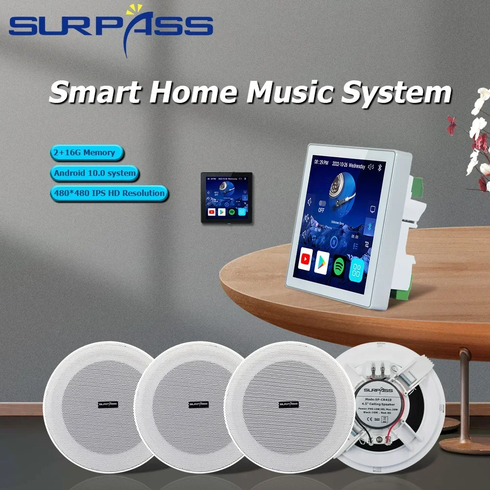 

Smart Home Audio 4'' WiFi Amplifier Blue-tooth Android 10.0 Touch Screen Music Panel Voice Control with Framless Ceiling Speaker