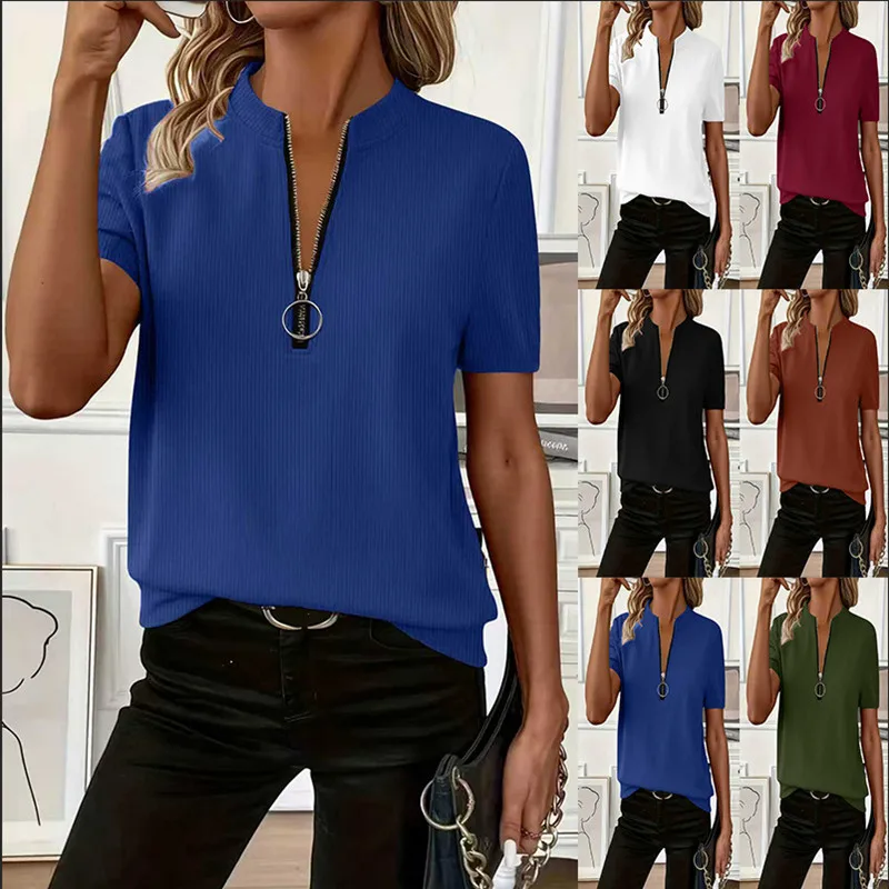 2026 Women's Summer V-Neck Zipper T Shirts Fashion Casual Solid Color Rib Short-Sleeved Top Women's Out-Of-Street Style Pullover