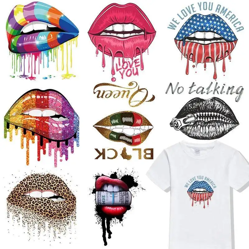 Colourful Lips Iron-On Heat Transfer Print-On T-Shirt Hoodies Patches For Clothing DIY Ladies Thermal Sticker Applique