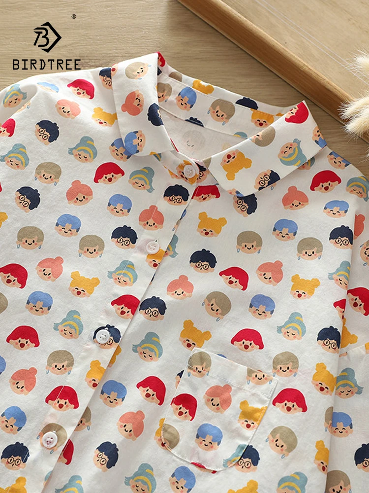 

New 2026 Spring Women Cotton Long Sleeve Shirt, Turn-down Collar Cartoon Print, Mori Girl Preppy Style Loose Blouse T62561CC