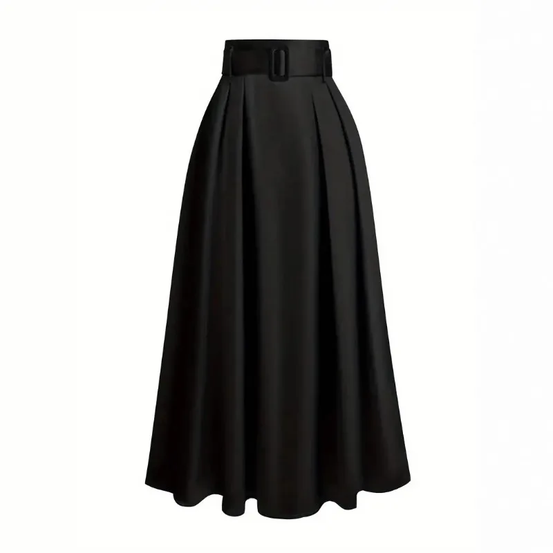 

1pcs Women's Spring Autumn Solid Color High Waist Midi Skirt - Chiffon A-Line Pleated Tie-Waist Flowy Long Skirt for Daily Wear
