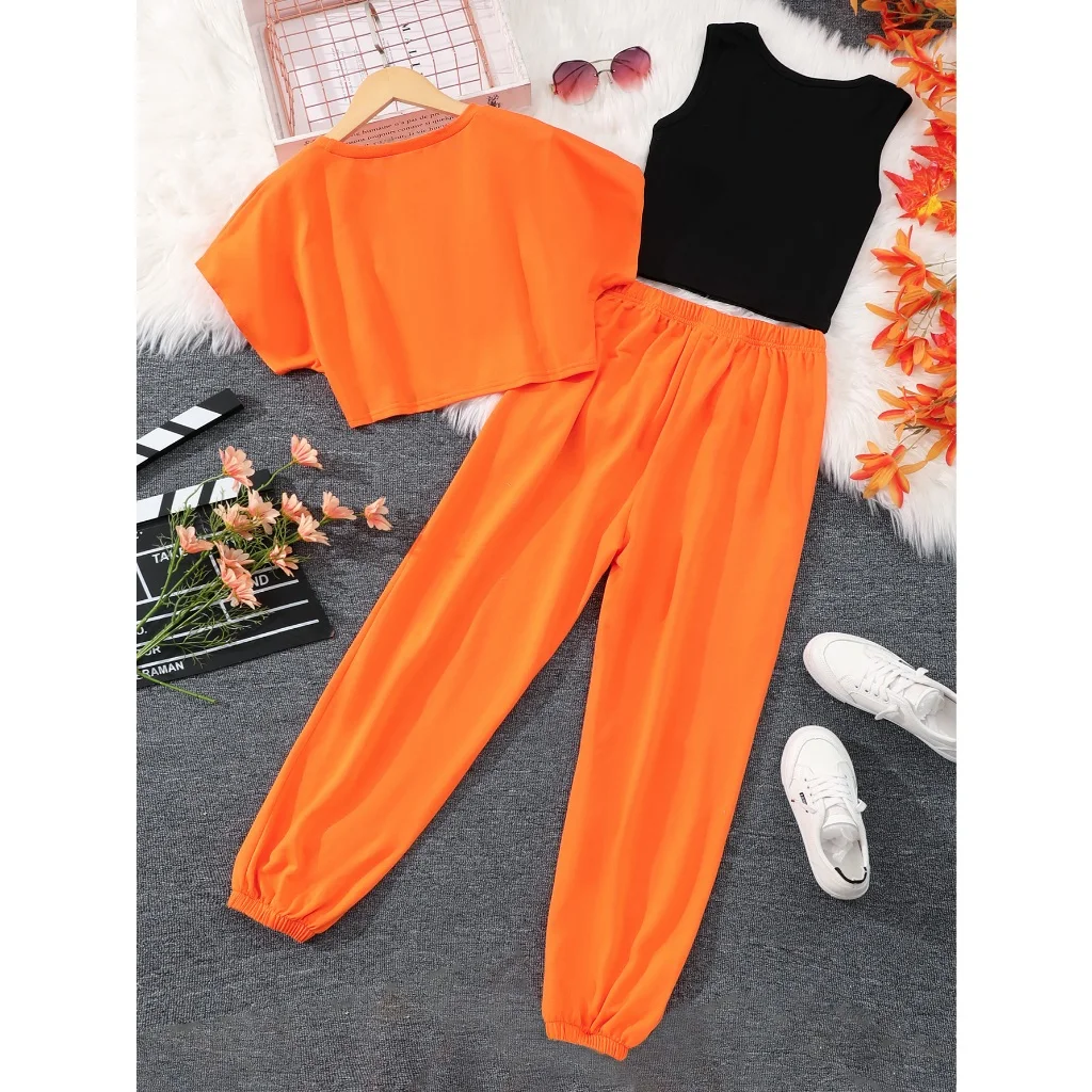 3 Pcs Set Teens Girls Clothing Short Top+Tank Top+Pant 13 14 15 16 Years Old Summer Casual Fashion Letter Printed Orange Suit