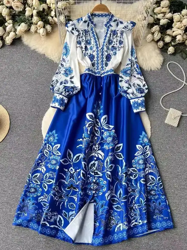 Vestido largo con volantes y estampado barroco de manga larga acampanada para mujer, vestido Vintage de otoño con cuello en V y una hilera de botones, vestido de flores