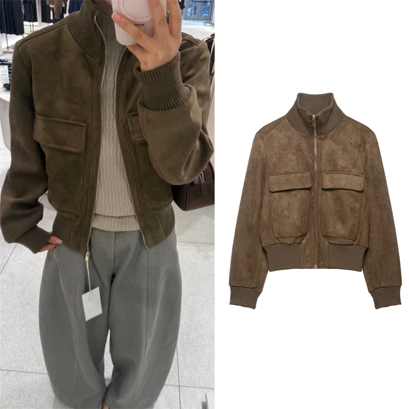 Guobioziy Women's Jacket 2026 Fall/Winter New Fashion Retro Stand Collar Suede Texture Pocket Detail Pilot Jacket
