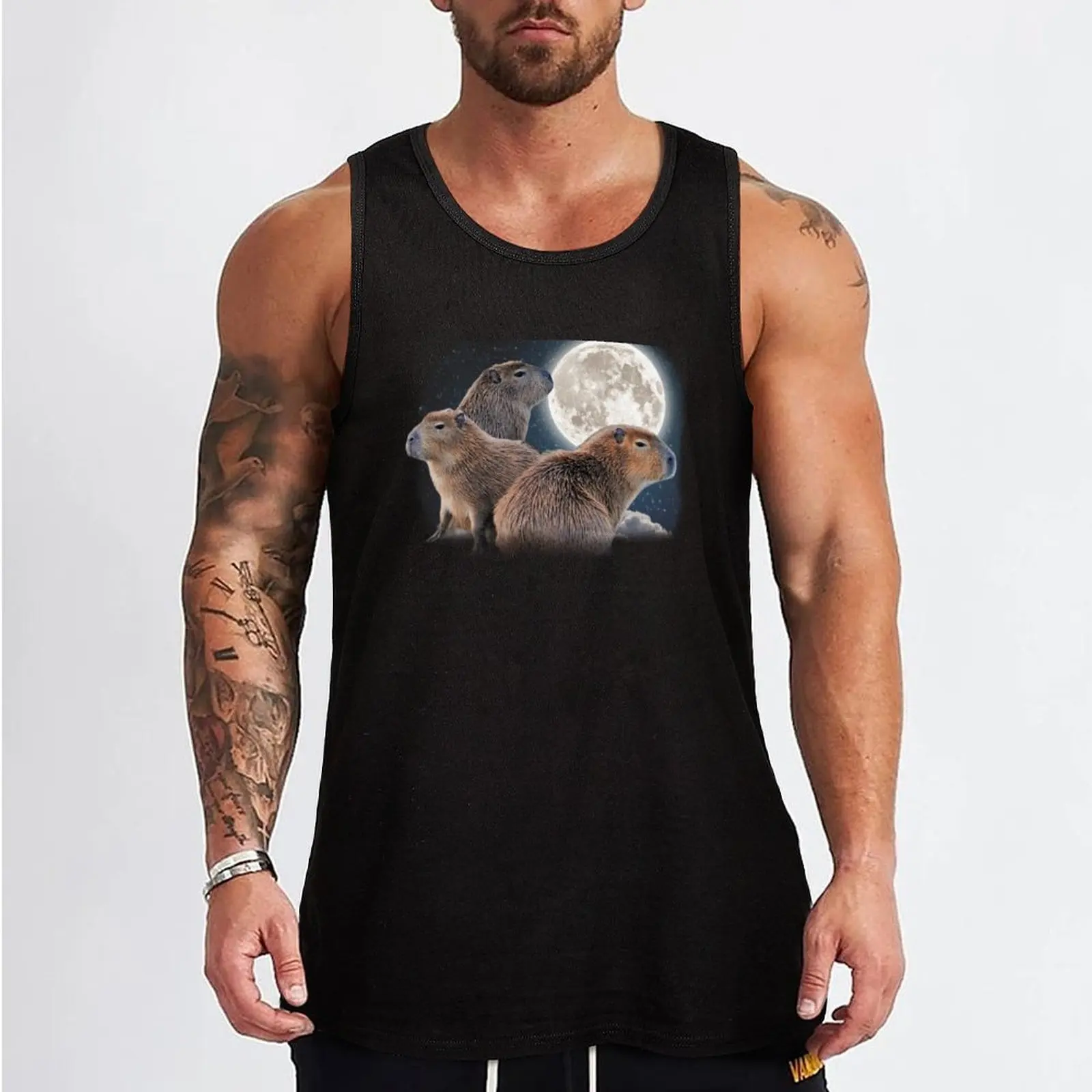 Three Capybaras and Moon Funny Capybara Humor Parody Tank Top men gym clothing Gym wear muscular man