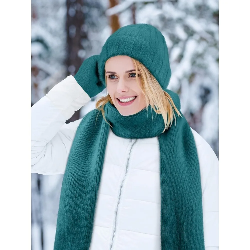 الشتاء قبعة قبعة وشاح قفازات، الدافئة الصوف متماسكة قبعة وشاح طويل الرقبة أدفأ شاشة تعمل باللمس قفازات الشتاء مجموعة هدايا للنساء