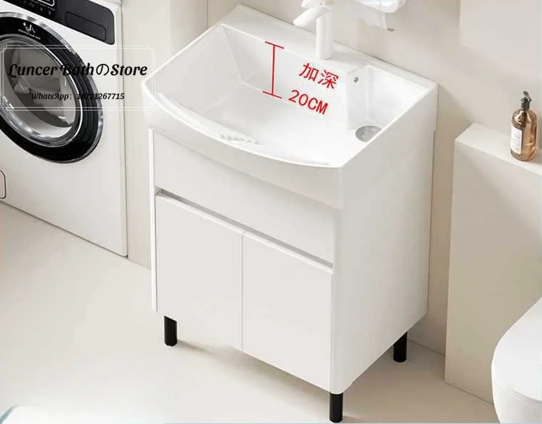 Ceramic integrated sink with laundry board, wide and deep aluminum bathroom cabinet and laundry cabinet