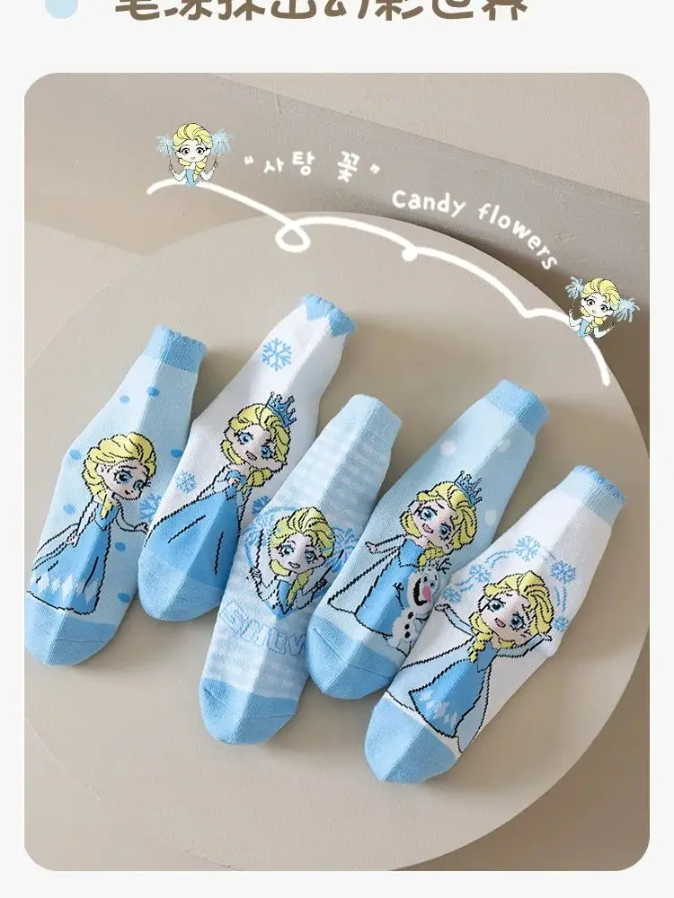 5Pairs Disney Elsa Kindersokken Cartoon Anime Prinses Elsa Meisjes Sokken Katoen Lente Herfst Winter Midden Buis Sokken Geschenken