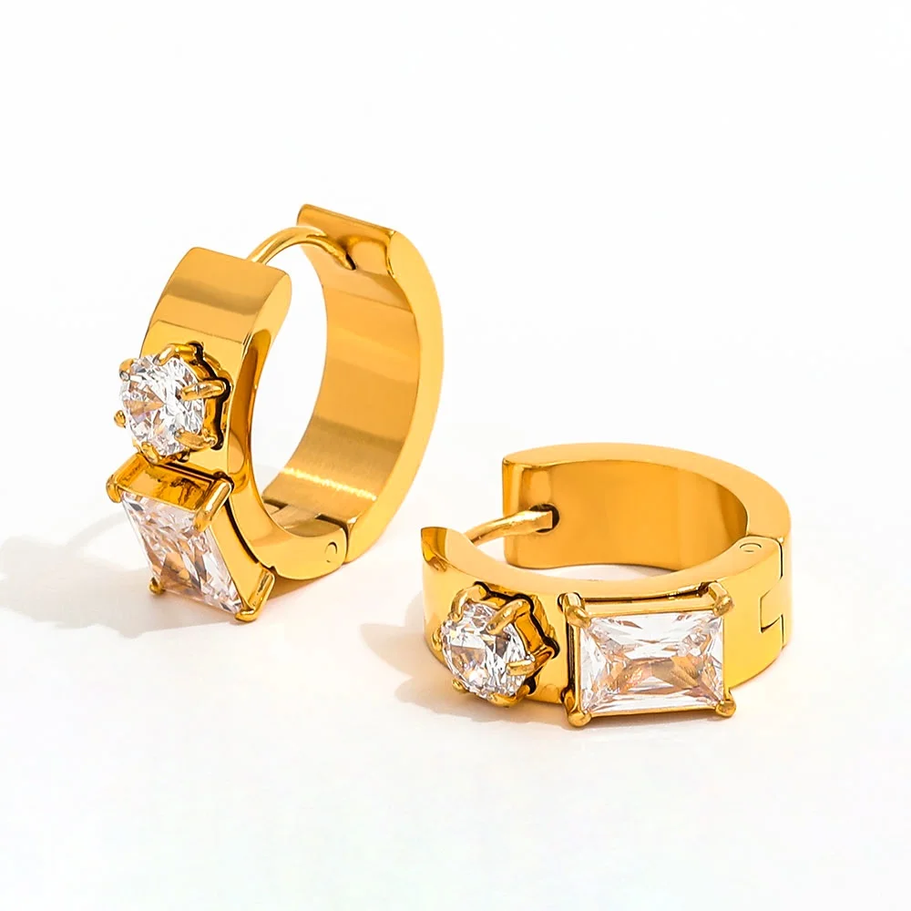 

Joolim Jewelry High Quality PVD Wholesale Waterproof Square&Round Zirconia Spliced Huggie Stainless Steel Earring for Women