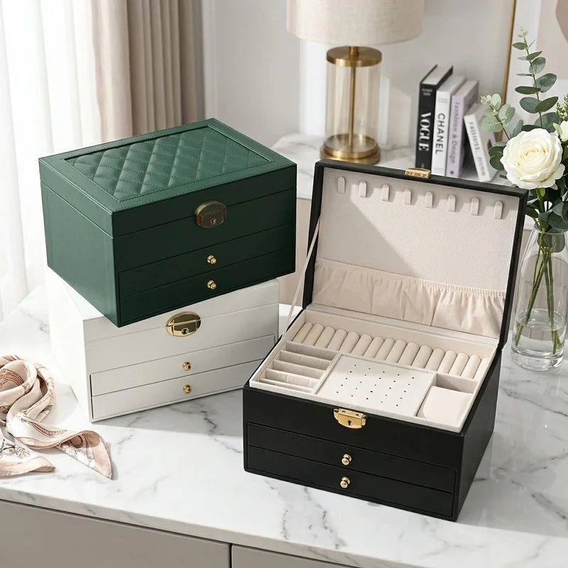 Multi-Layer Drawer Jewelry Box, Large Capacity Earring Organizer for Rings Necklaces Bracelets, Elegant Oxidation Finish