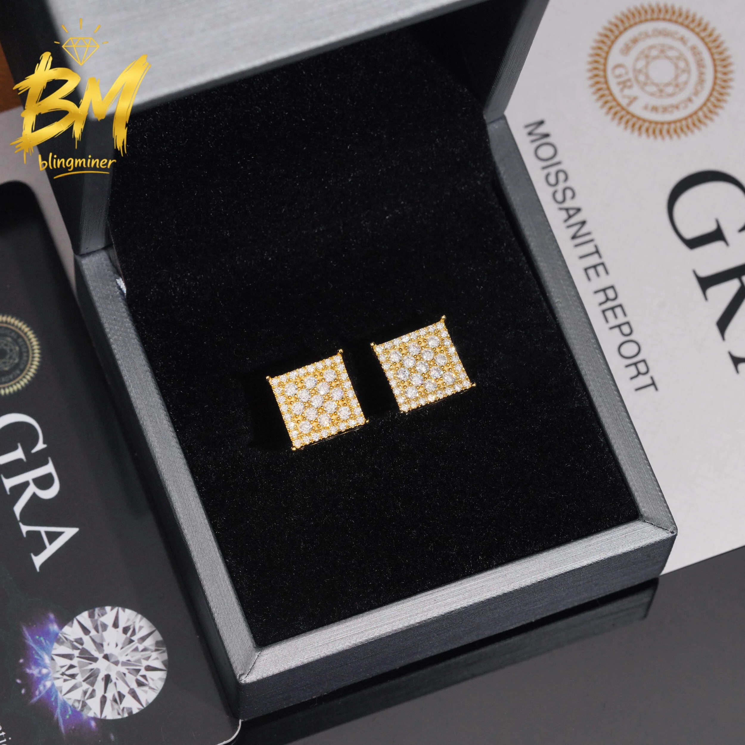 Blingminer 11mm Square  S925 Silver VVS Moissanite Earrings For Men Women Ear Studs Jewelry Pass Diamonds Tester GRA Shipping