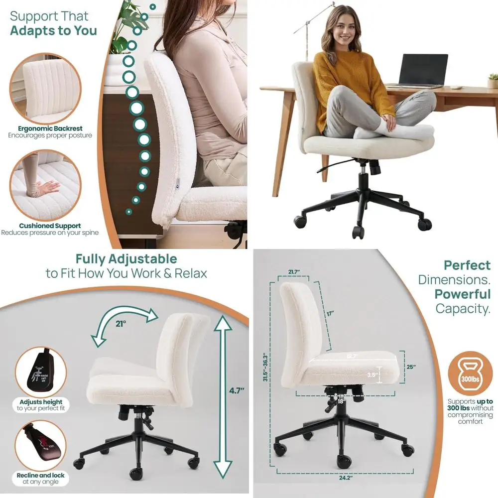 Wheeled Armless Desk Chair for Cross-Legged Sitting, 360° Swivel & 120° Rocking, White Sherpa Comfort