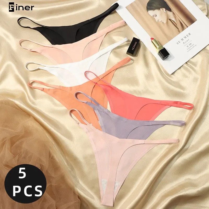 5 PCS Lot Women\'s Seamless Thongs Ice Silk String Tanga Woman Solid Thong Panties Soft G-string Female Lingerie Quality T-back