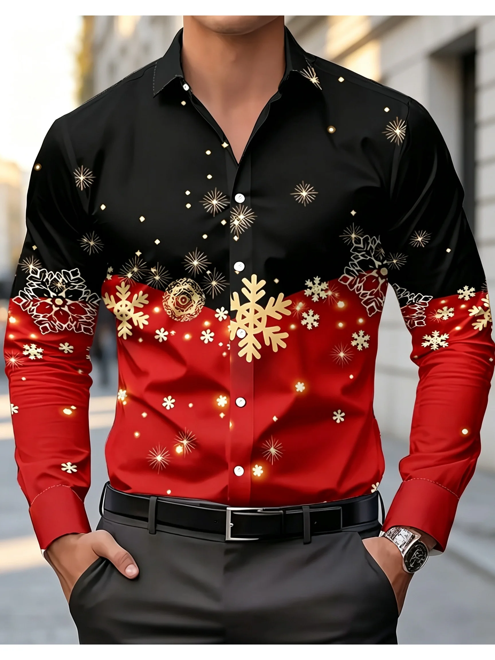 Men Long Sleeve Christmas Shirt Black Red Gold Snowflake Print Button Down Holiday Casual