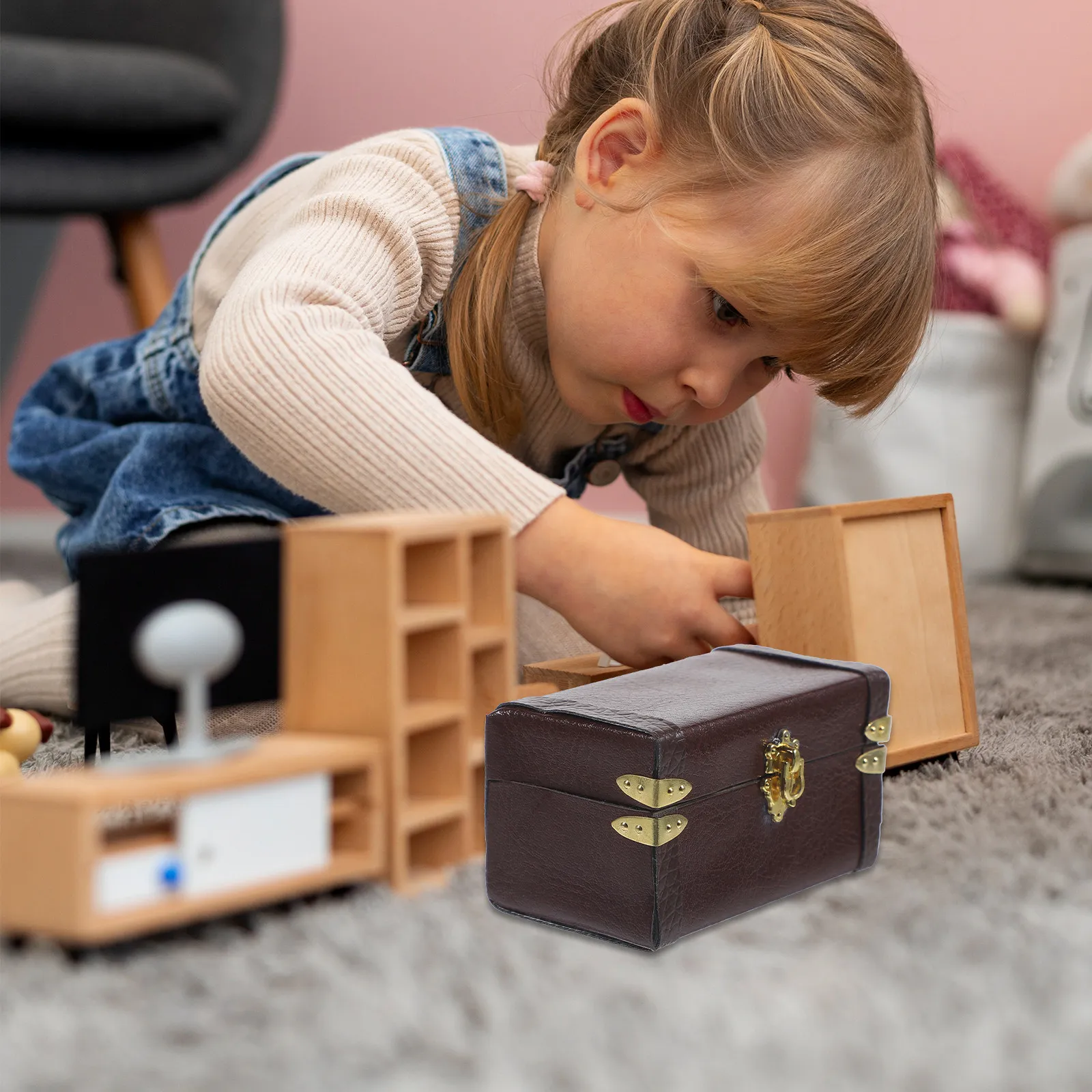 

Miniature Vintage Travel Trunk Suitable Mini House Accessory Wooden Miniature Suitcase Dollhouse Storage Box Mini