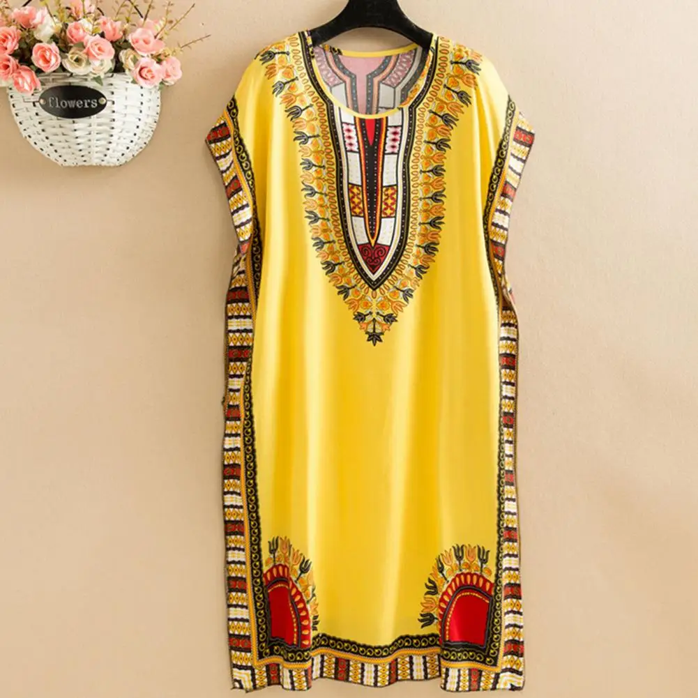 

Women Dress Ethnic Style Round Neck Print Contrast Color Geometric Printing Pullover Loose Short Sleeves Midi Dress Women Clothe