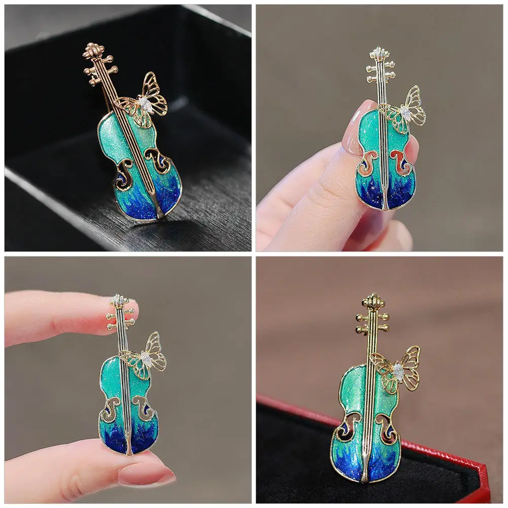 Vintage Violin Brooch for Women Alloy Lapel Pin with Butterfly Detail Scarf Hat Suit Backpack Decoration Clothing Accessory