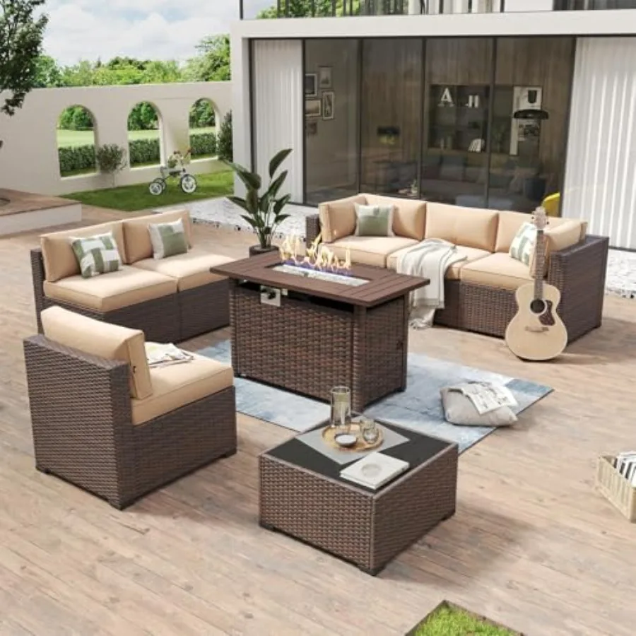 

8 Pcs Patio Furniture Set with 44" Fire Pit Table Wicker Rattan Outdoor Sectional Sofa Set with Coffee Table and Thickened Cush