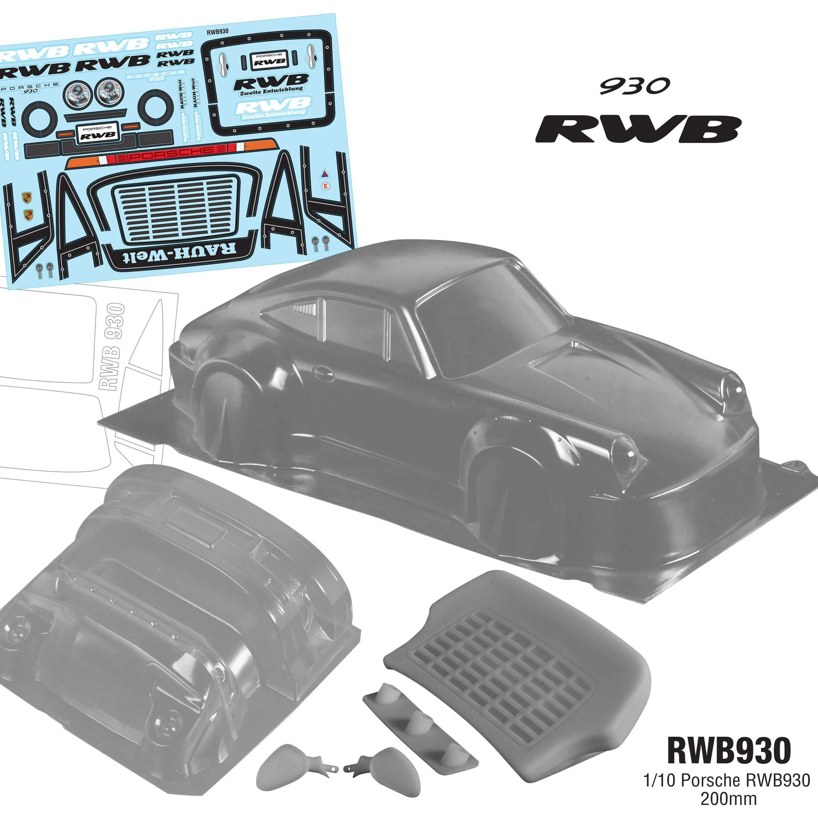 RWB930 1/10 Porsche RWB930, 200mm drift, transparent PC body shell, with light cups