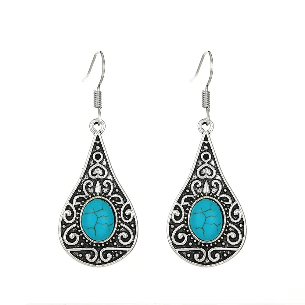 Bohemian Oval Green Stone Dangle Earrings Vintage Silver Color Water Droplet Drop Earrings for Women Ethnic Hook Jewelry Gifts