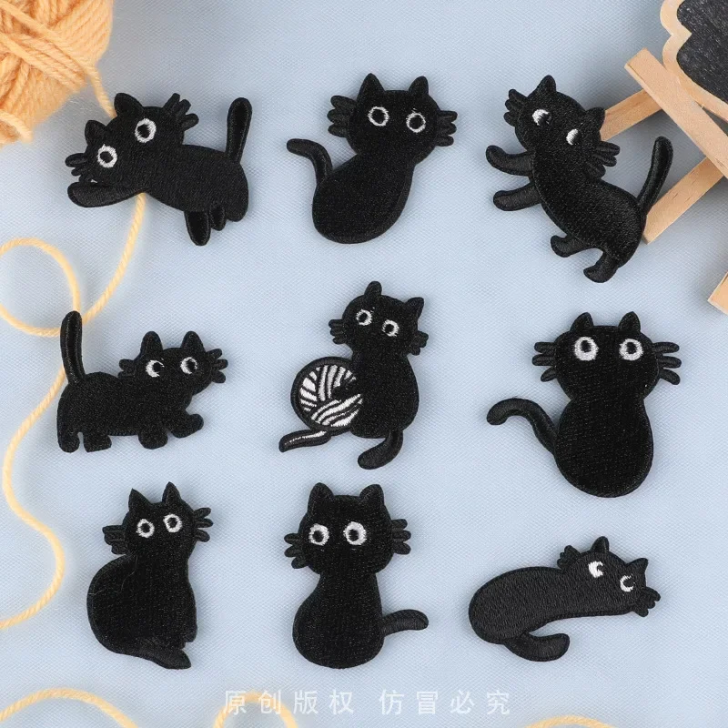 5pcs Cartoon Black Cat Badge Patches Kids Clothing Logo Decorative Patch Stickers DIY Embroidered Applications for Sewing