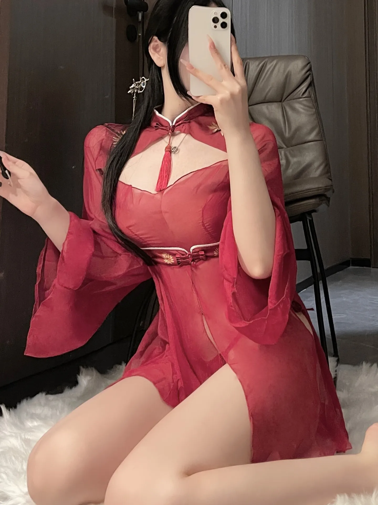 

Ancient China-Chic Lingerie Sexy Cheongsam Hanfu Uniform Female Dress Elegant Red Chiffon Sheer Long Sleeved Loose Fitting U53C