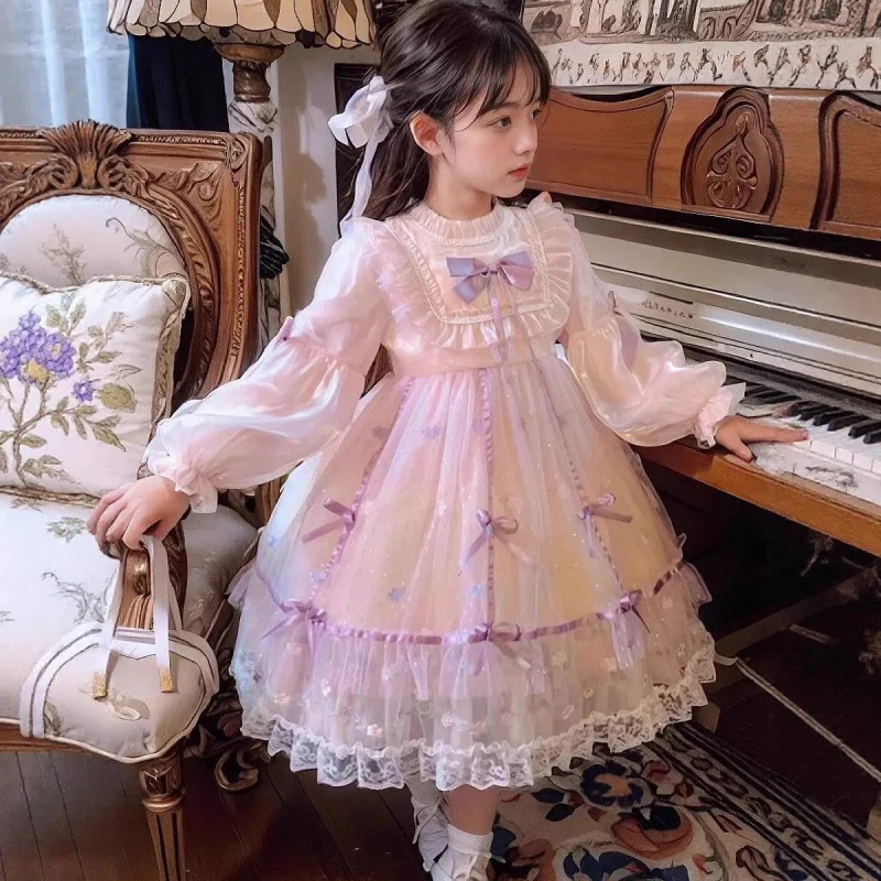 

Girls' Dress2025Pink Lace Bow Mesh Princess Dress Girl Sweet Bubble Sleeve Dress