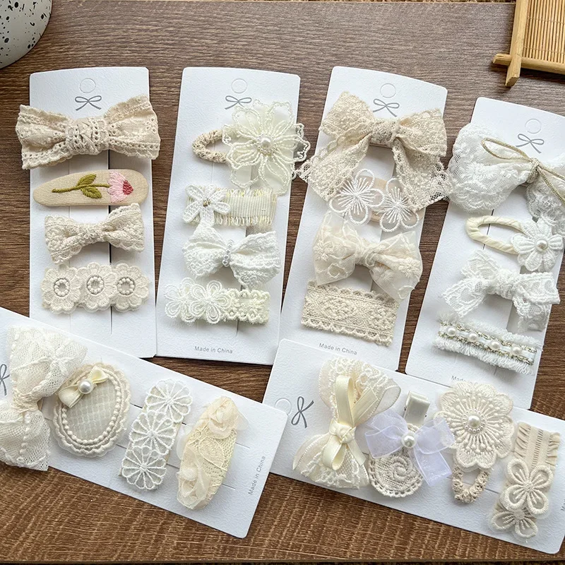 Hot 4pcs Aesthetic Women Hair Clip Retro Beige Color Hair Pin For Kids Girl Floral Bow Pearl Children Headwear Hair Accessories