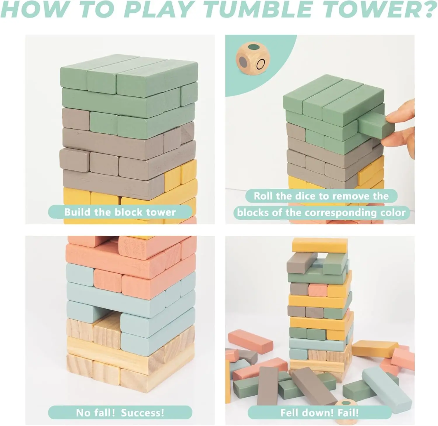 ألعاب تكديس الكتل الخشبية، 48 قطعة من لعبة مكعبات التراص للأطفال والعائلات، كتل موازنة خشبية ملونة مونتيسو