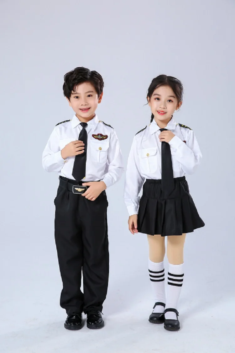 Children Professional airline stewardess Cosplay White uniform Costume Halloween Carnival Party for Kid air force