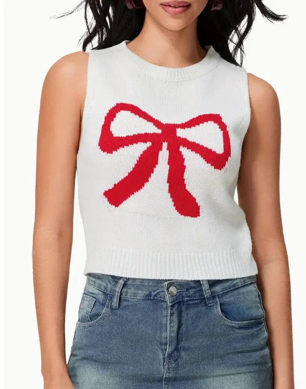 

Elegant Thin Ladies Knitted Sweater Vest with Red Bow Short Sleeve Sleeveless Pure Color Top for Women