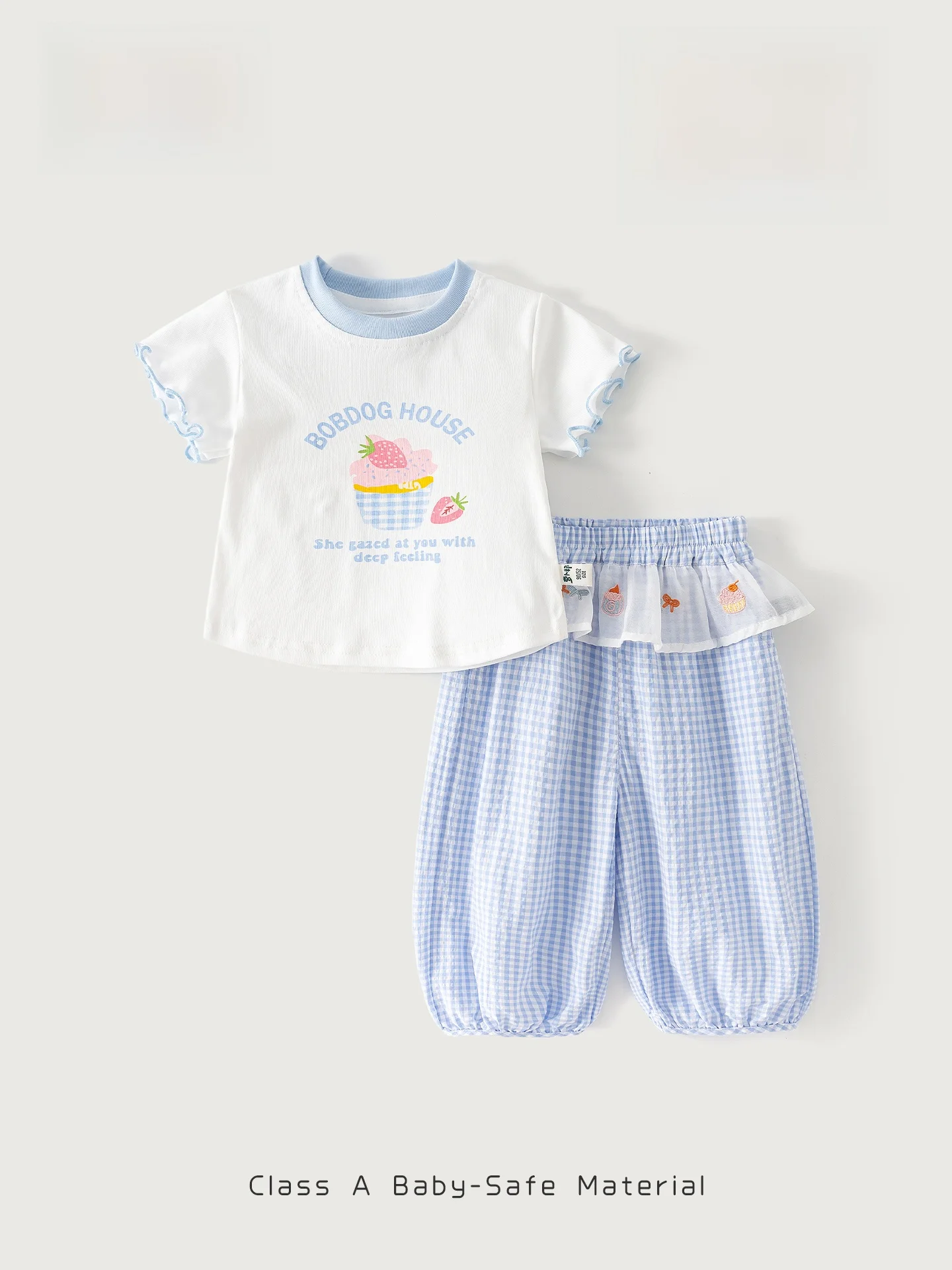 girls-summer-outfit-set-cartoon-short-sleeve-t-shirt-and-plaid-pants-two-piece-ensemble-lightweight-quick-dry-machine-washable