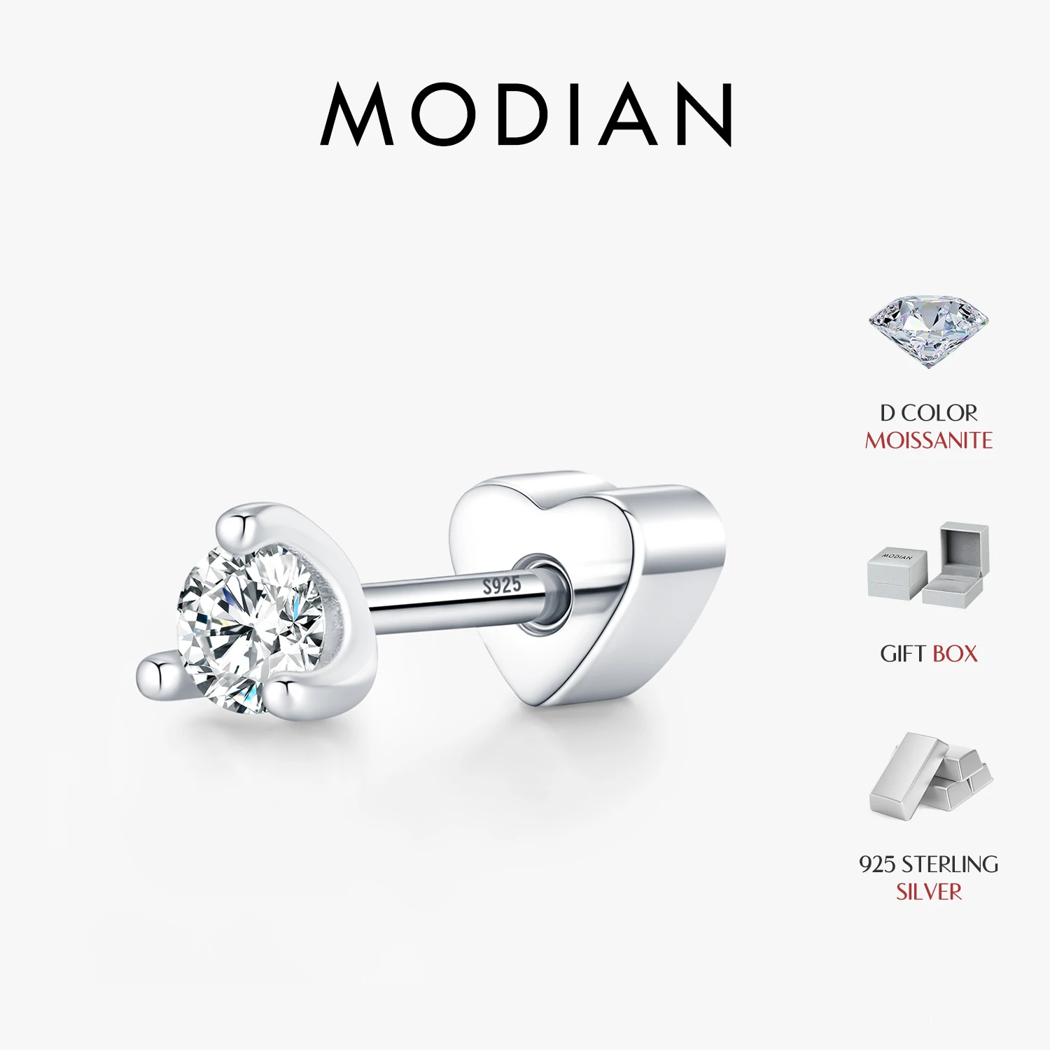 

MODIAN 0.1CT Moissanite Heart Screw Cartilage Earrings 925 Sterling Sliver Simple Stud Earrings For Women And Men Fine Jewelry
