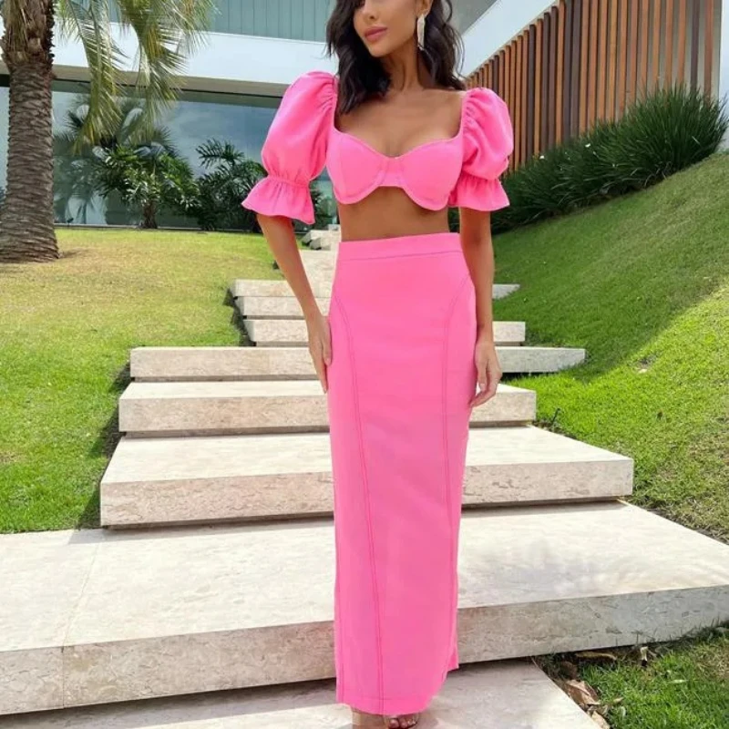 Women Sexy Skirt Sets Backless Strapless V Neck Top Ruffles High Waist Slim Fit Long Skirts Split Elegant Lady Party Summer